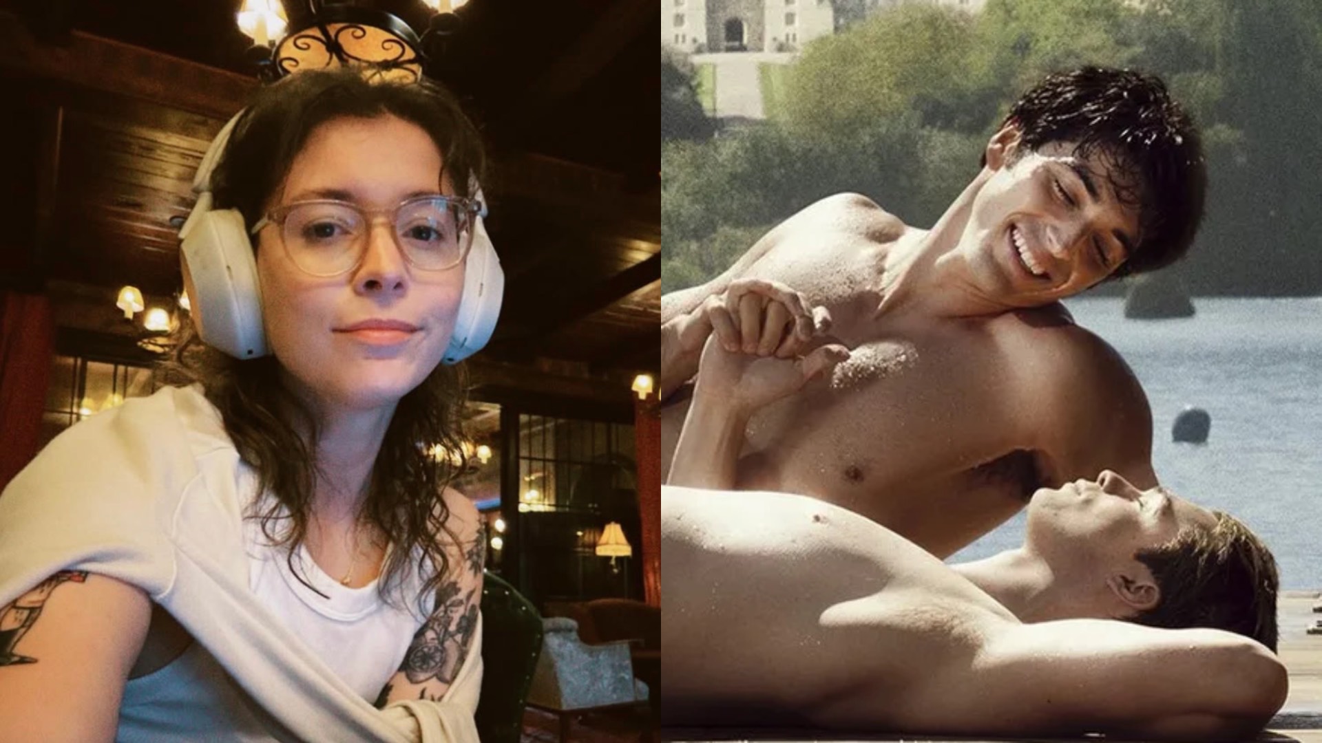 Casey McQuiston with headphones on and Taylor Zakhar Perez and Nicholas Galitzine in Red, white & Royal Blue.
