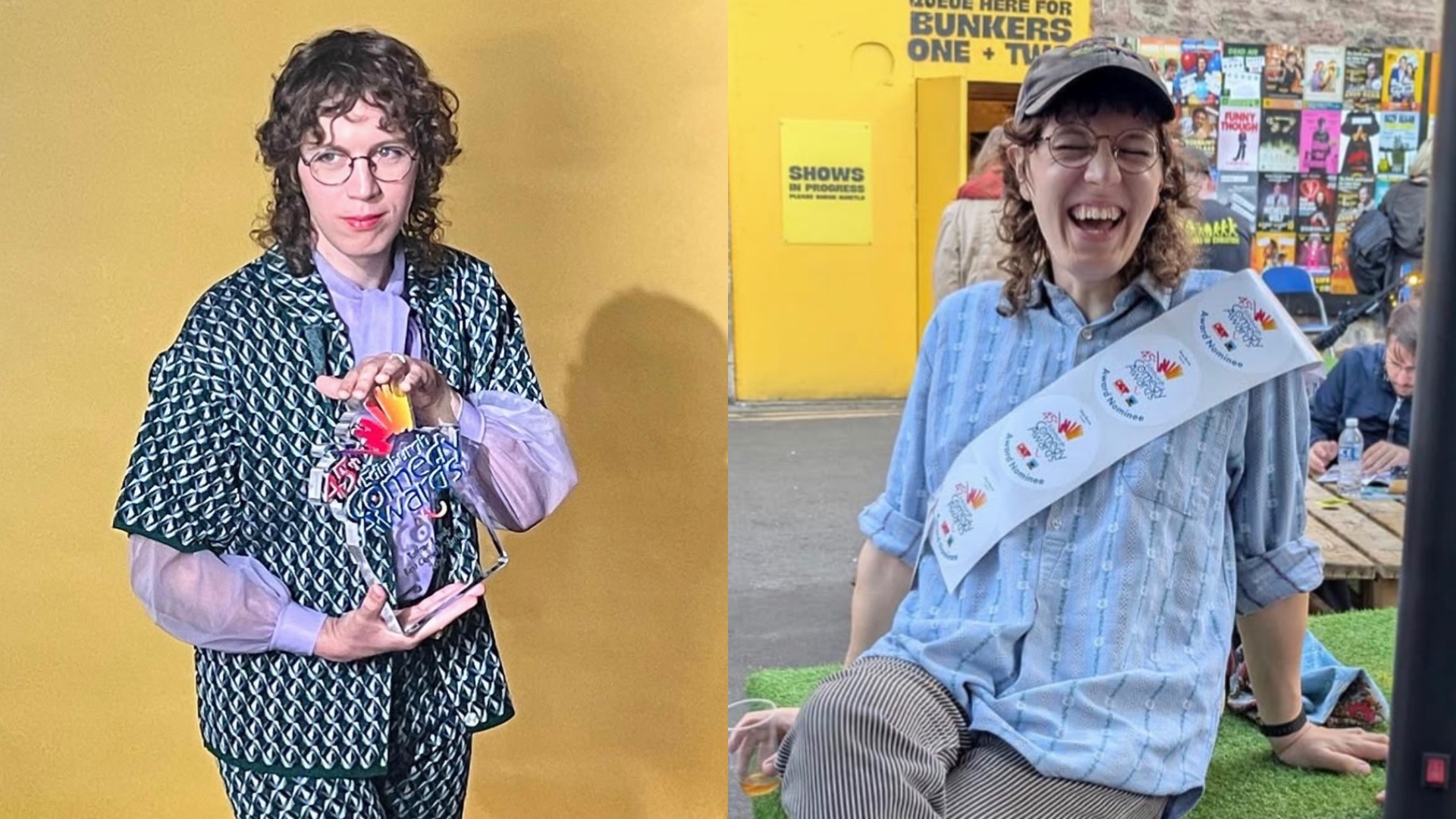 Sam Nicoresti holding his Edinburgh Fringe award.