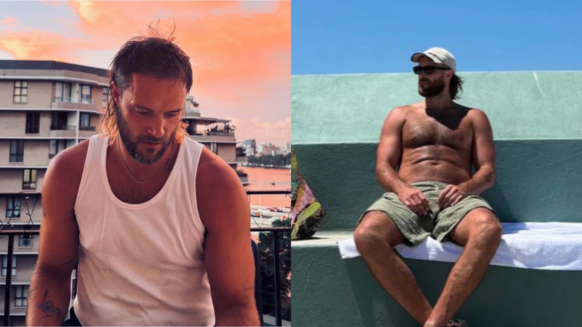 Mitch Brown in a sunset on the left, and him shirtless in swimming trunks on the right.