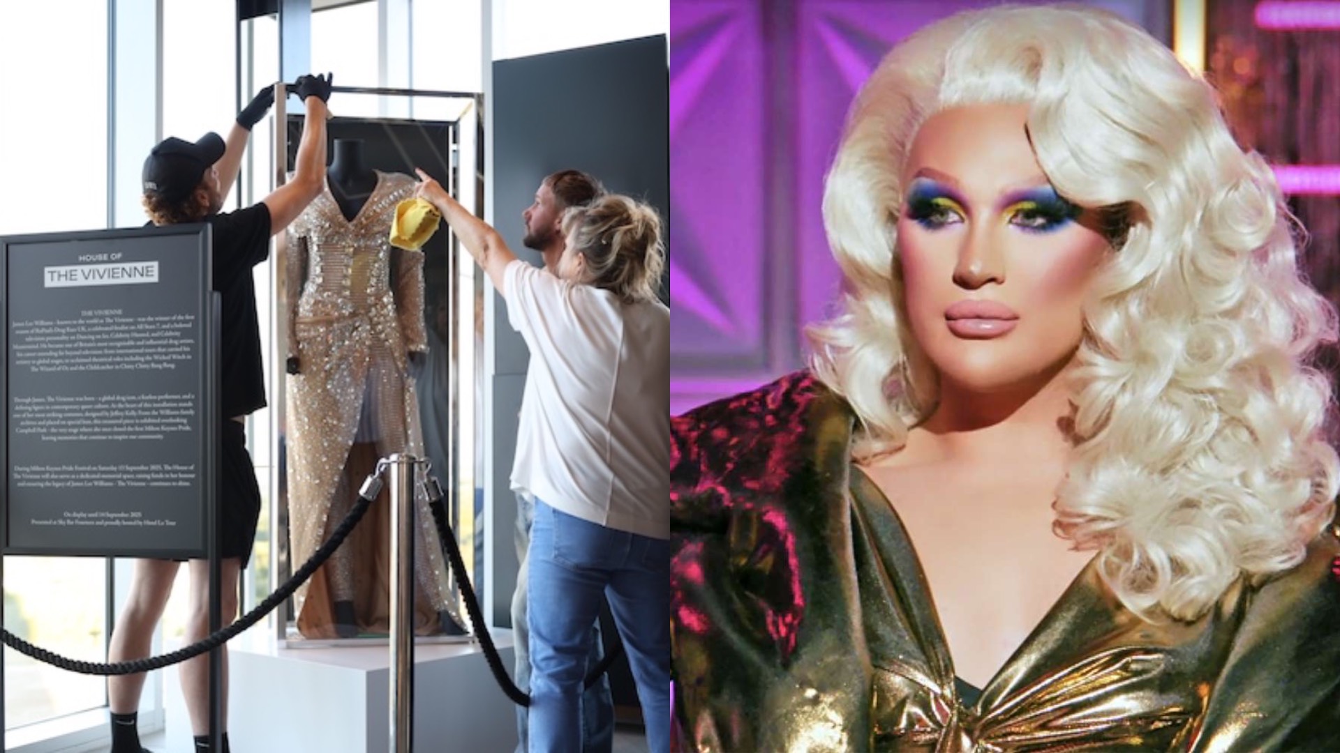Milton Keynes Pride Festival unveils The Vivienne memorial on the left, and on the right a photo of The Vivienne on Drag Race