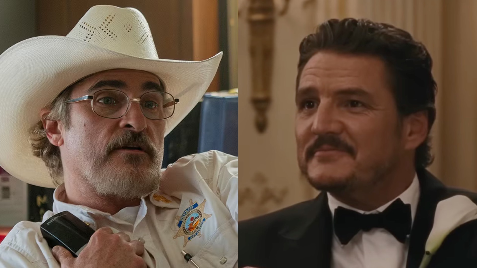 Joaquin Phoenix in a cowboy hat on the left and Pedro Pascal in a suit on the right