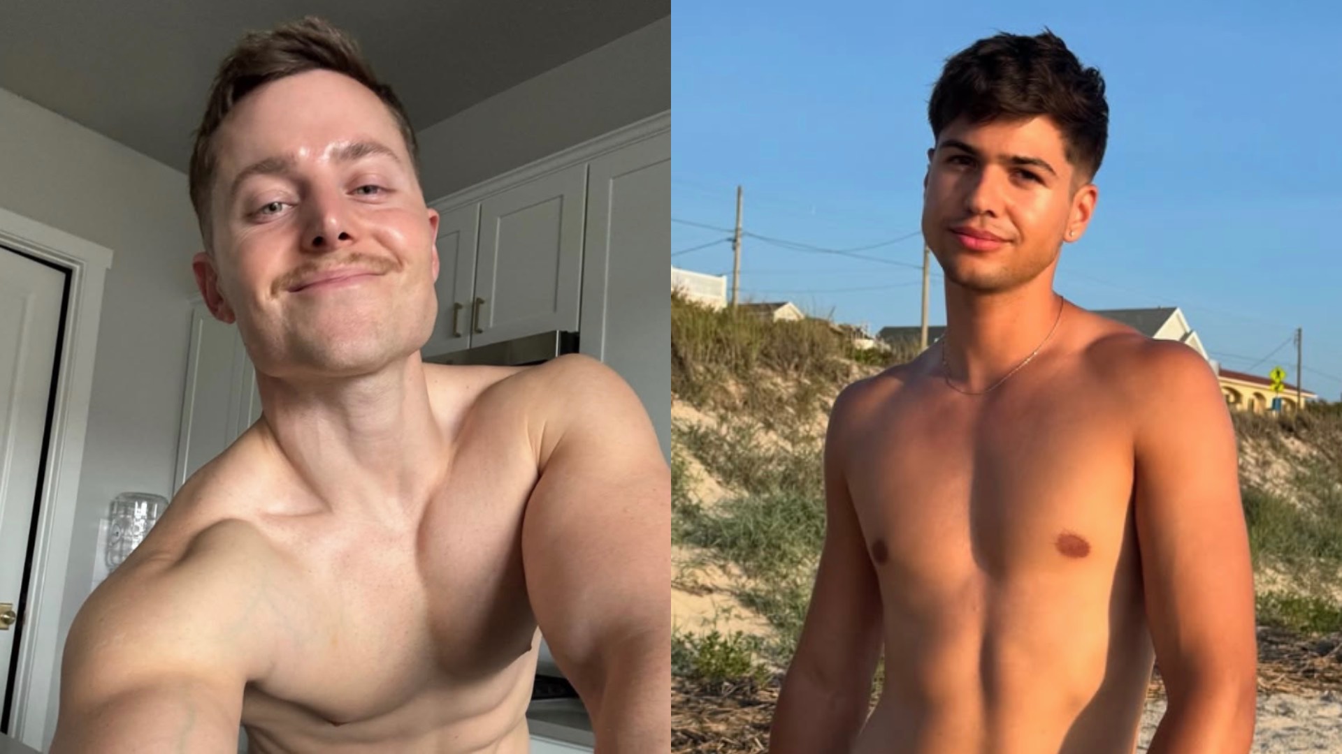 Sawyer Hemsley shirtless on the left and Mark Gibbs shirtless on the right