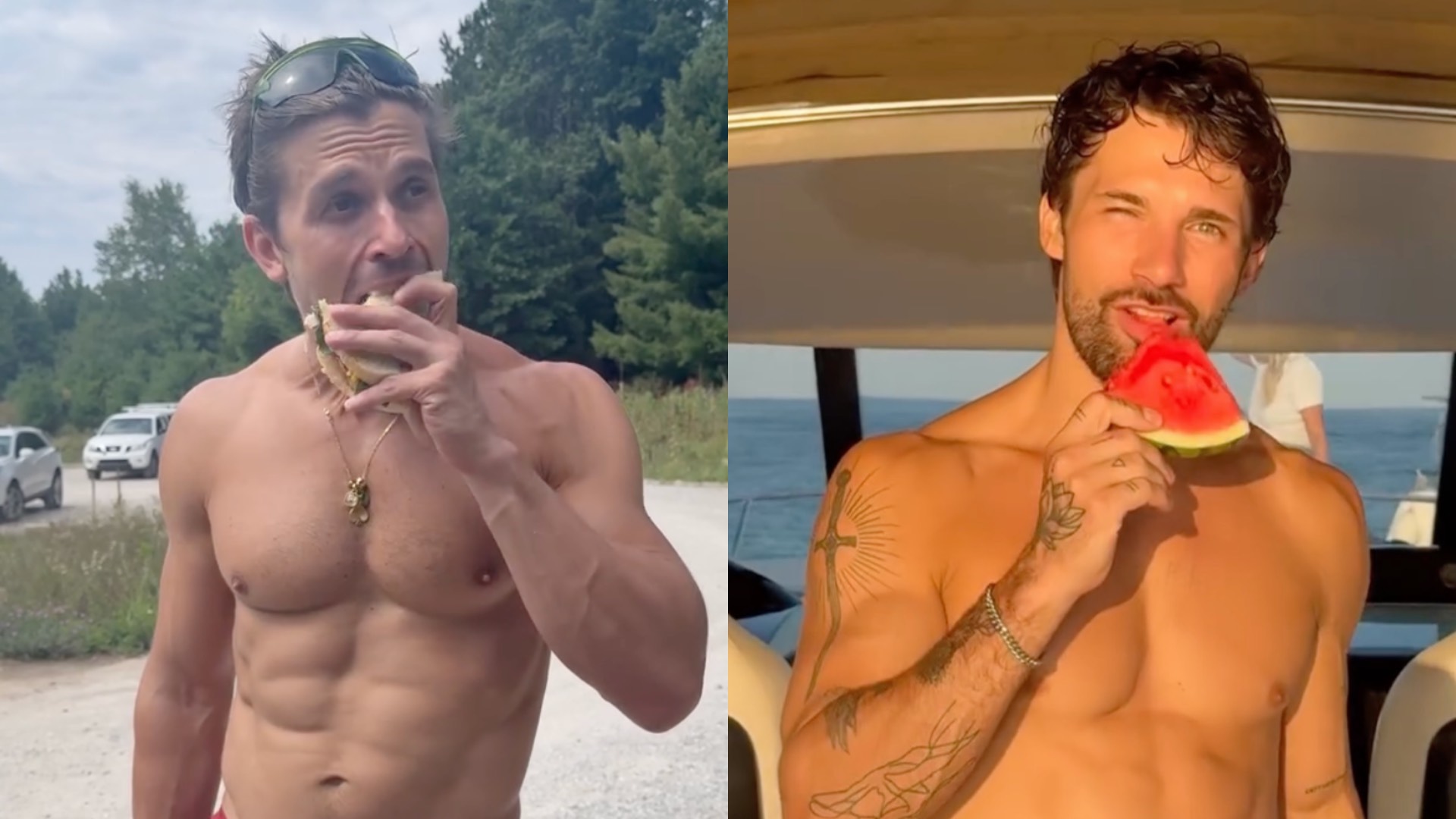 Antoni Porowski easting a sandwich on the left and Zacharias Niedzwiecki on the right eating watermelon winking