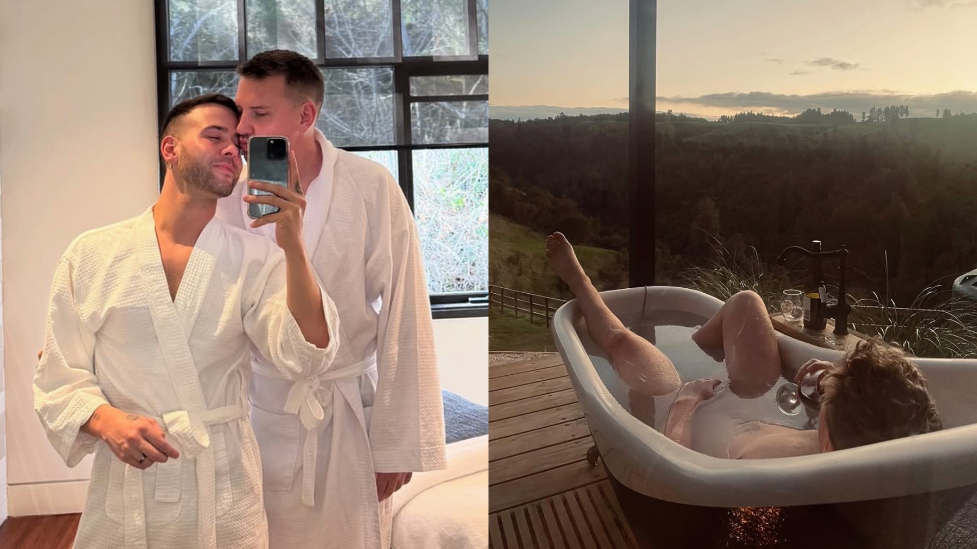 Liam Cooper and Samuel Levi in white robes on the left and Cooper in a bath on the right