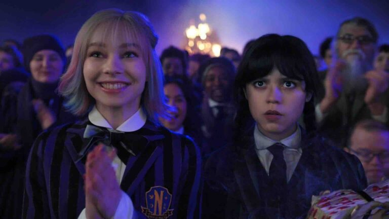 Emma Myers as Enid Sinclair and Jenna Ortega as Wednesday Addams in Netflix's Wednesday