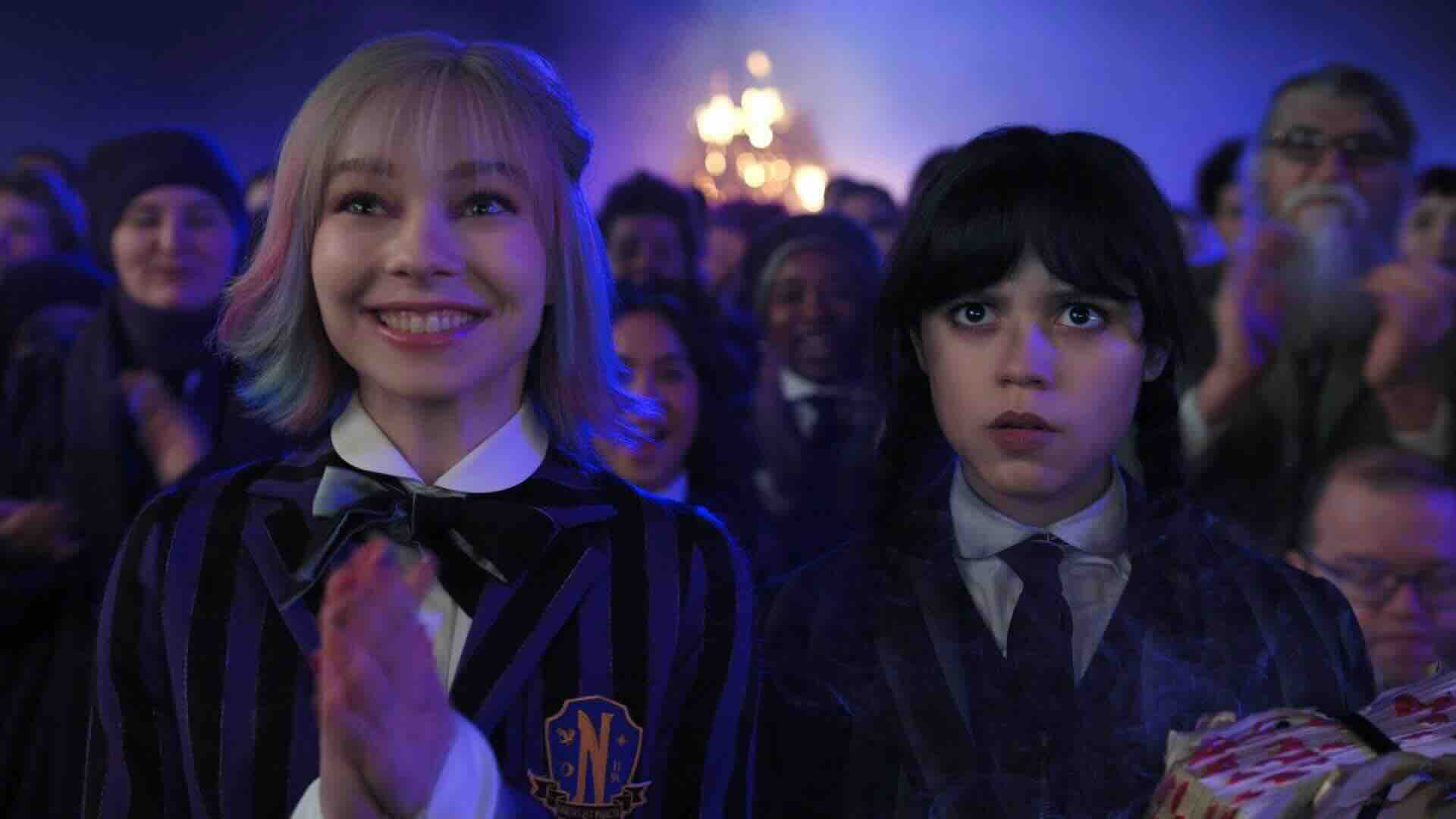 Emma Myers as Enid Sinclair and Jenna Ortega as Wednesday Addams in Netflix's Wednesday