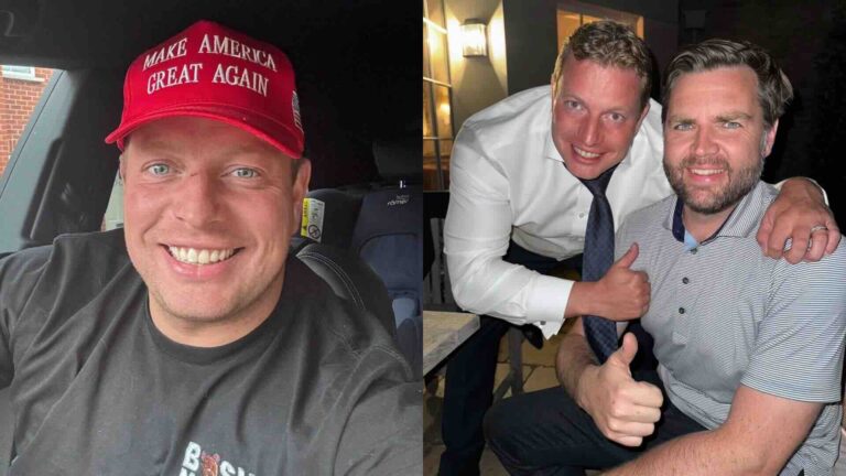Thomas Skinner wearing a MAGA hat and posed with JD Vance