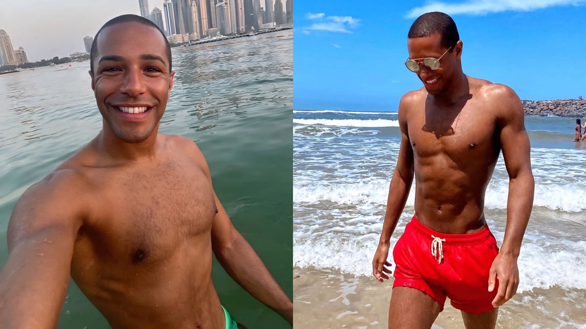 Michael Gunning is seen in his swimming shorts