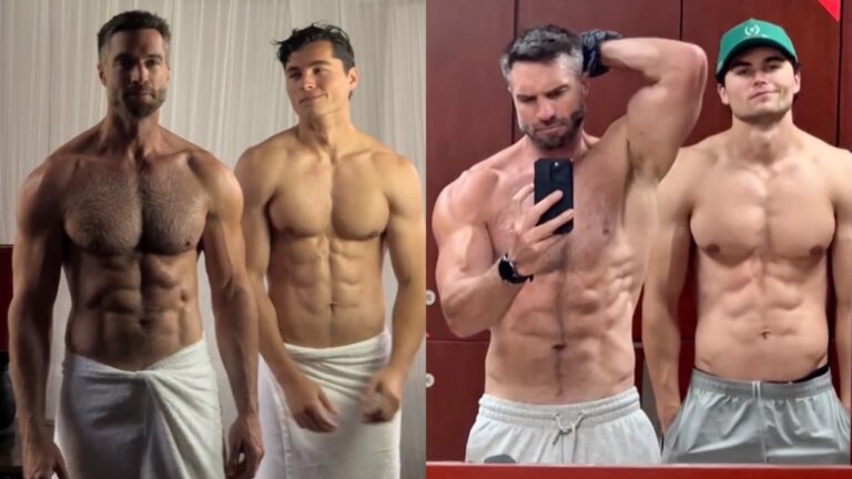 Marc Buckner and Timo Hagen pose shirtless