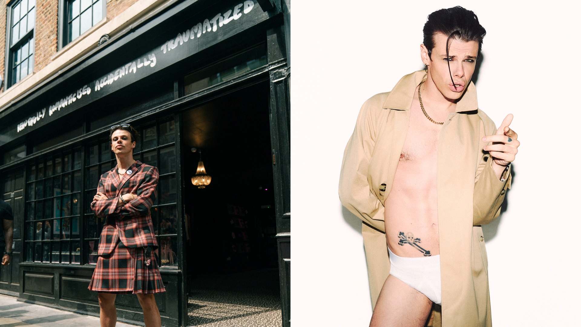 Composite of Yungblud standing outside his BRAT store in Soho and of him wearing white briefs with a Burberry trench