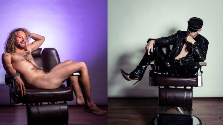 Composite of a nude person lying in a barber's chair and of a person dressed in black leather in a barber's chair