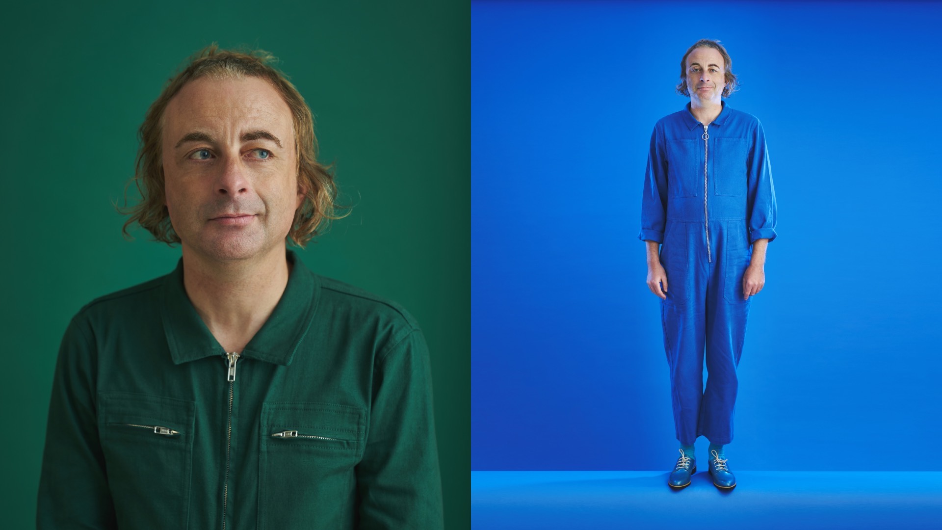 a composite of pics of the author, one a heand and shoulders of him in green against a green backdrop, and one full length of him in blue against a blue backdrop