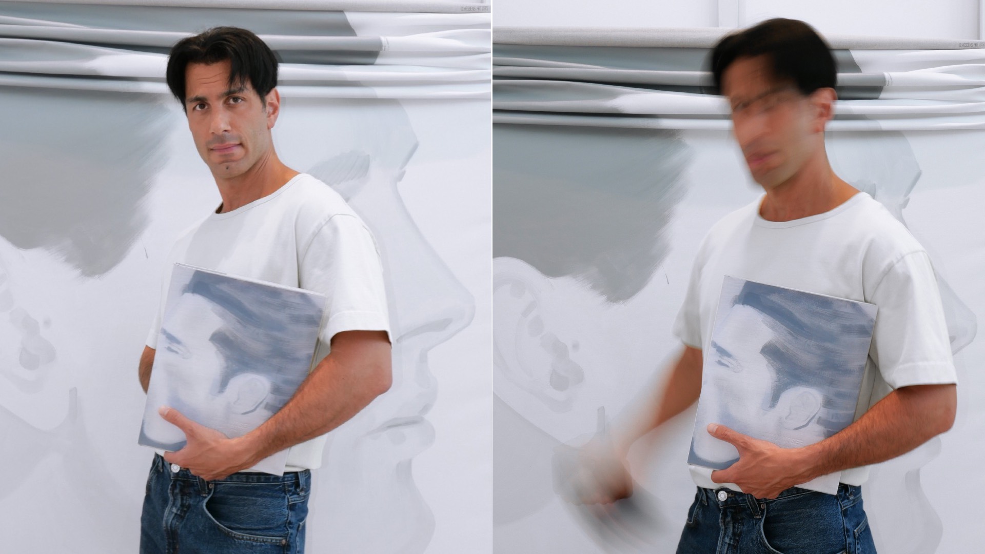 Jwan Yosef in a white t-shirt holding his book Intimacies