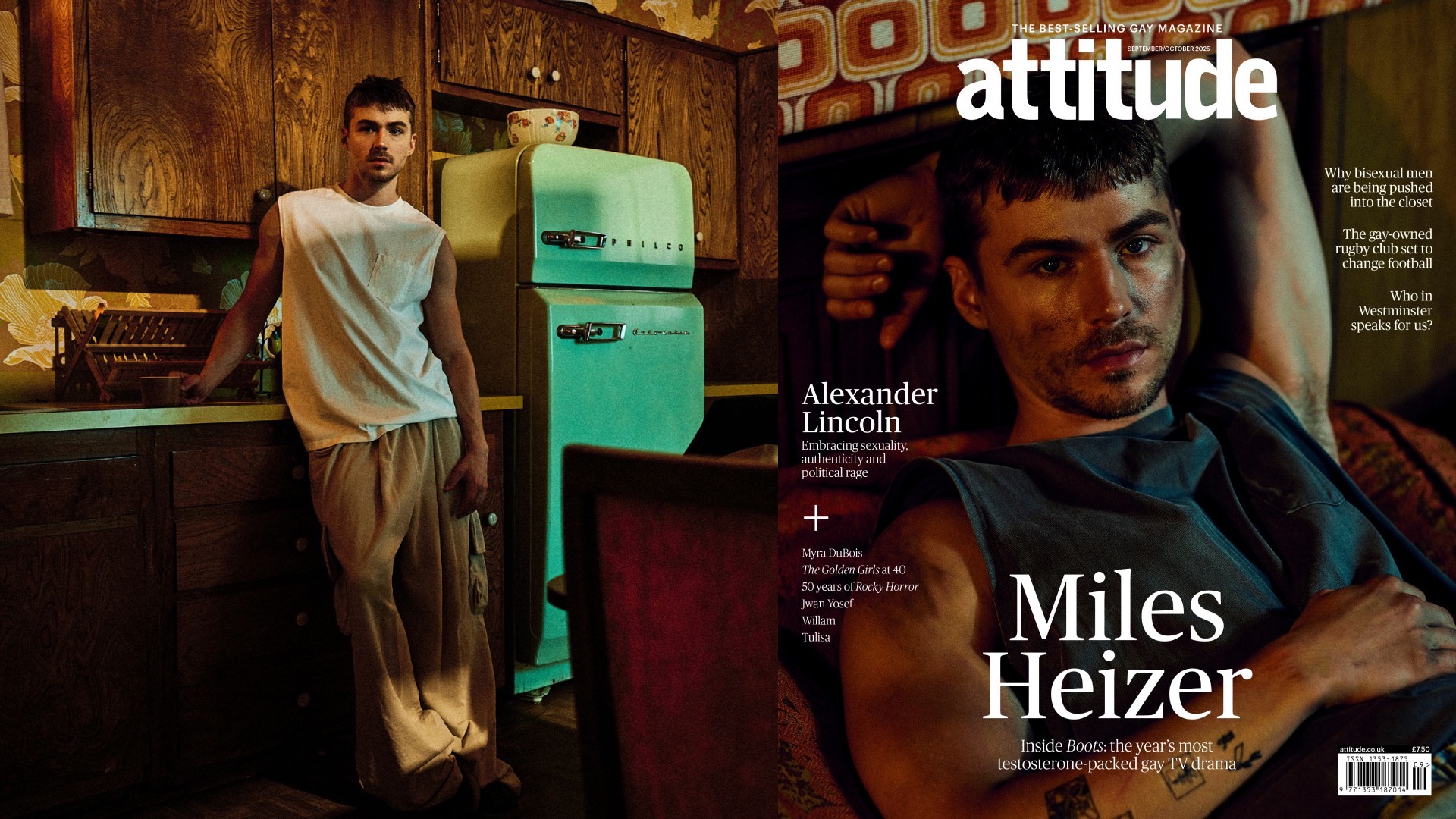 Miles Heizer is his Attitude shoot standing in a dark kitchen, and right, on the cover of attitude in a grey tank top with arm raised