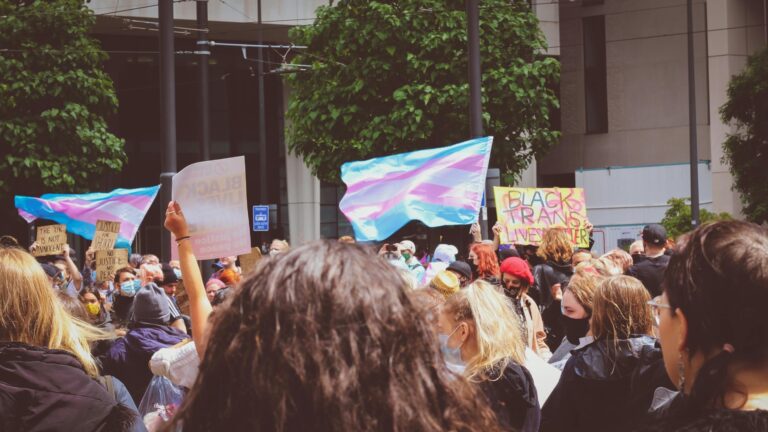 a trans pride flag flying above marchers