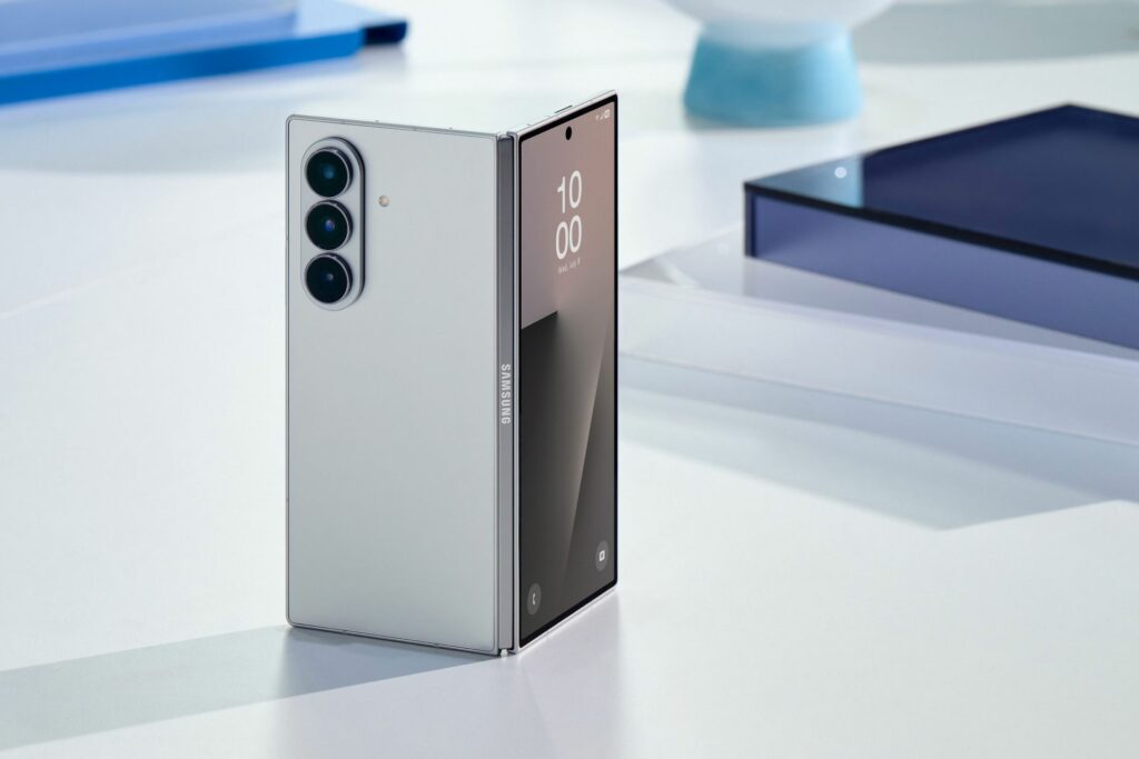 A product shot of the Samsung Galaxy Z Fold7 foldable phone in silver