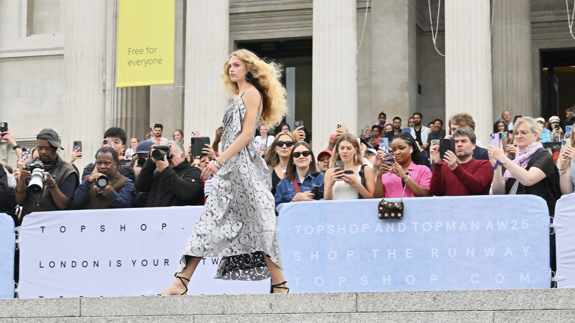 A model walks the runway at the Topshop and Topman Autumn/Winter 2025 Show in Trafalgar Square on August 16, 2025 in London, England. Photo by Dave Benett