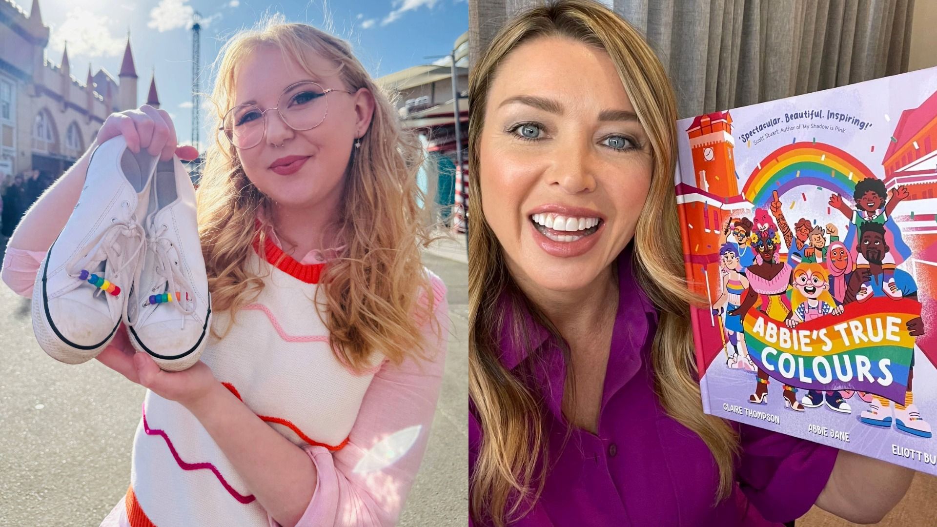 Side by side image of a girl holding white trainers with rainbow shoelace covers and an image of Dannii Minogue wearing a purple dress holding a book called Abbie's True Colours