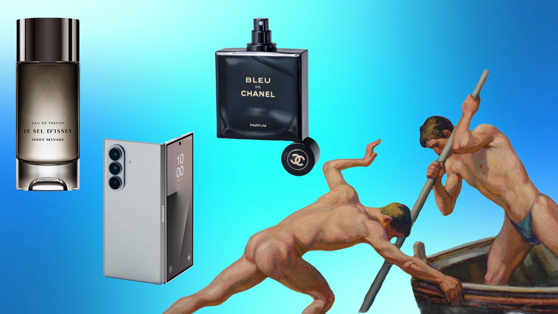 Composite of product shots of perfume bottles and a Samsung phone and a clipped piece of a painting featuring two nude males