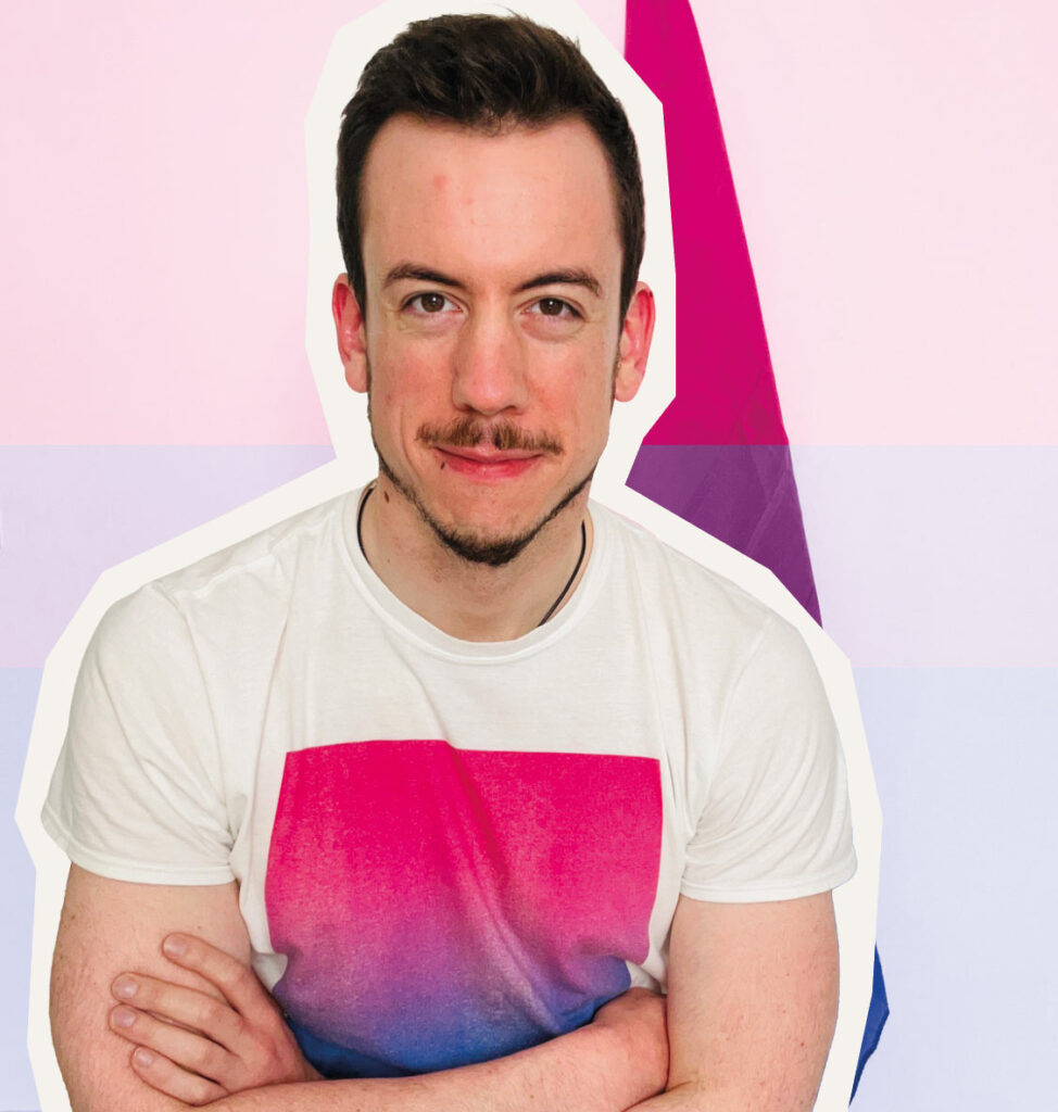 Mark Cusack is a sexuality and gender coach, and the author of Fluid - he is pictured wearing a t-shirt with a pink and purple square print on the front