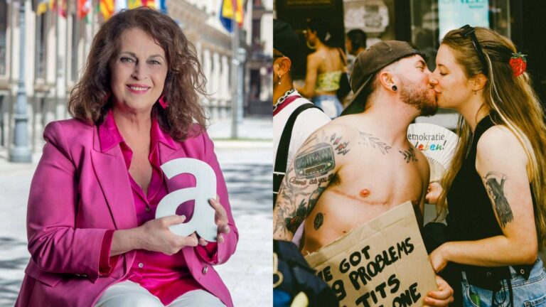 Composite image with Carla Antonelli wearing a pink blazer and holding an Attitude Pride Award and an image opposite showing a couple kissing during London Trans+ Pride