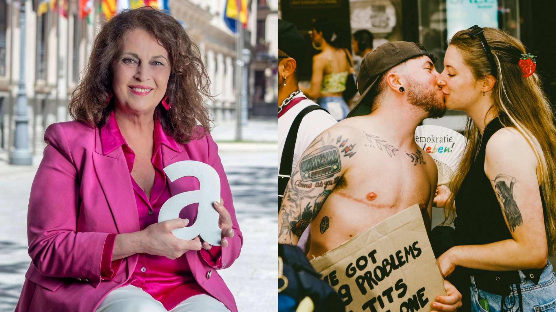 Composite image with Carla Antonelli wearing a pink blazer and holding an Attitude Pride Award and an image opposite showing a couple kissing during London Trans+ Pride