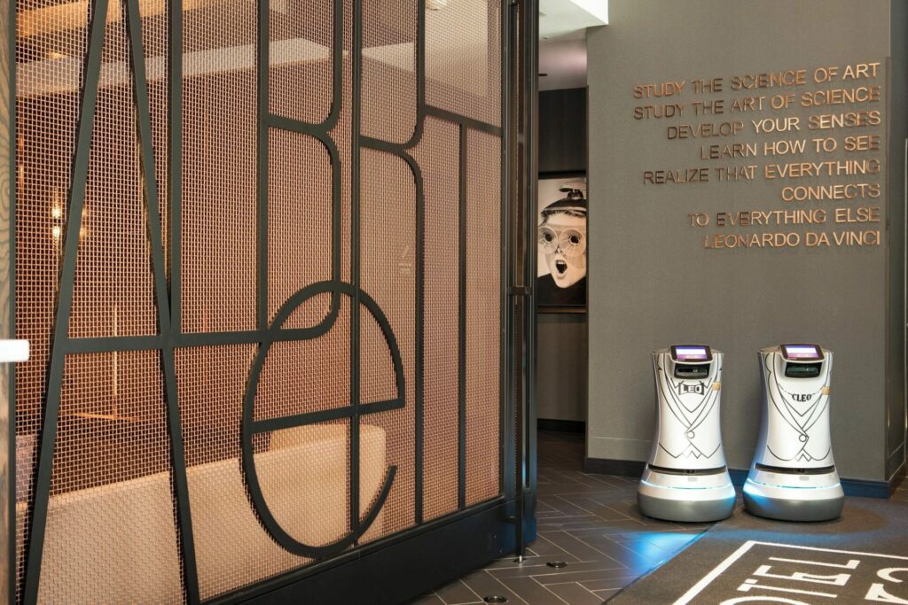 Robots in Hotel EMC2 in Chicago, a boutique hotel where chic meets science museum, with robotic room service