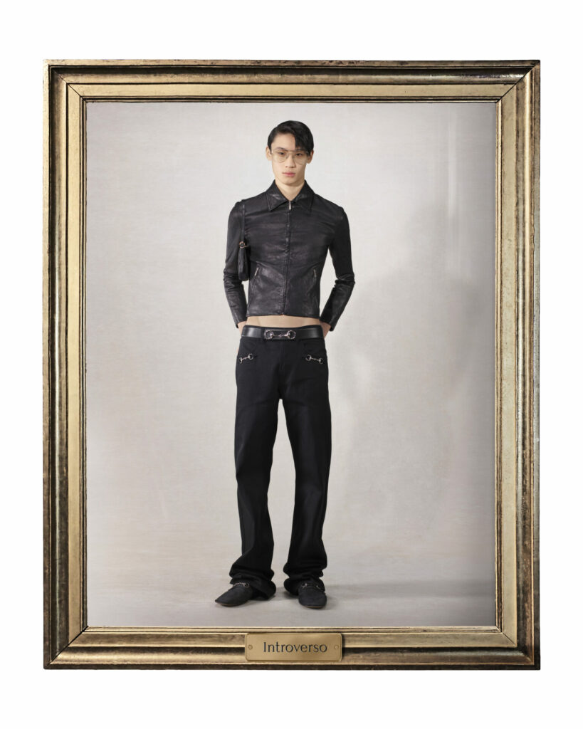 A model wears horse-bit detail jeans from the Gucci Spring/Summer 2026 lookbook.