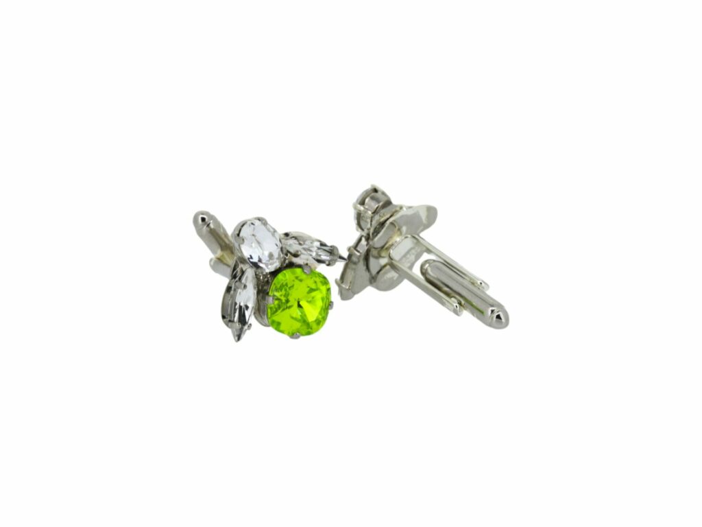 VICKISARGE bee cufflinks in platinum with a bright green stone
