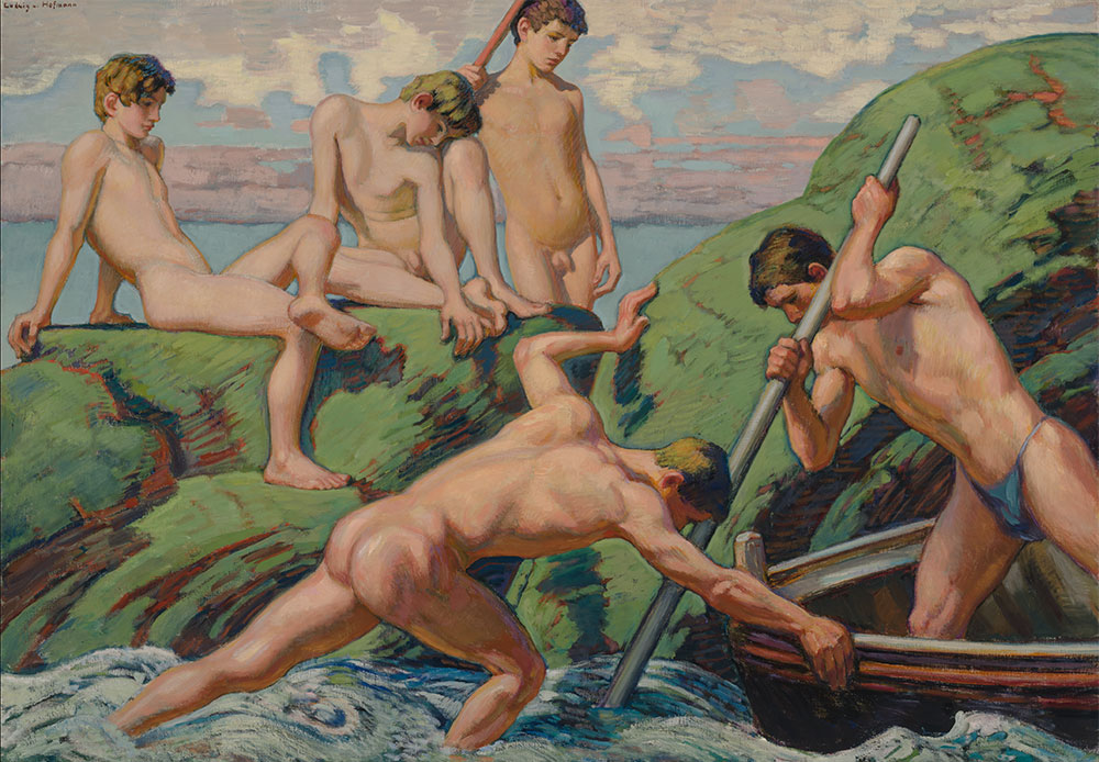 A classical painting shows five young, nude men on a rocky green shoreline, some lounging and others working with a boat.