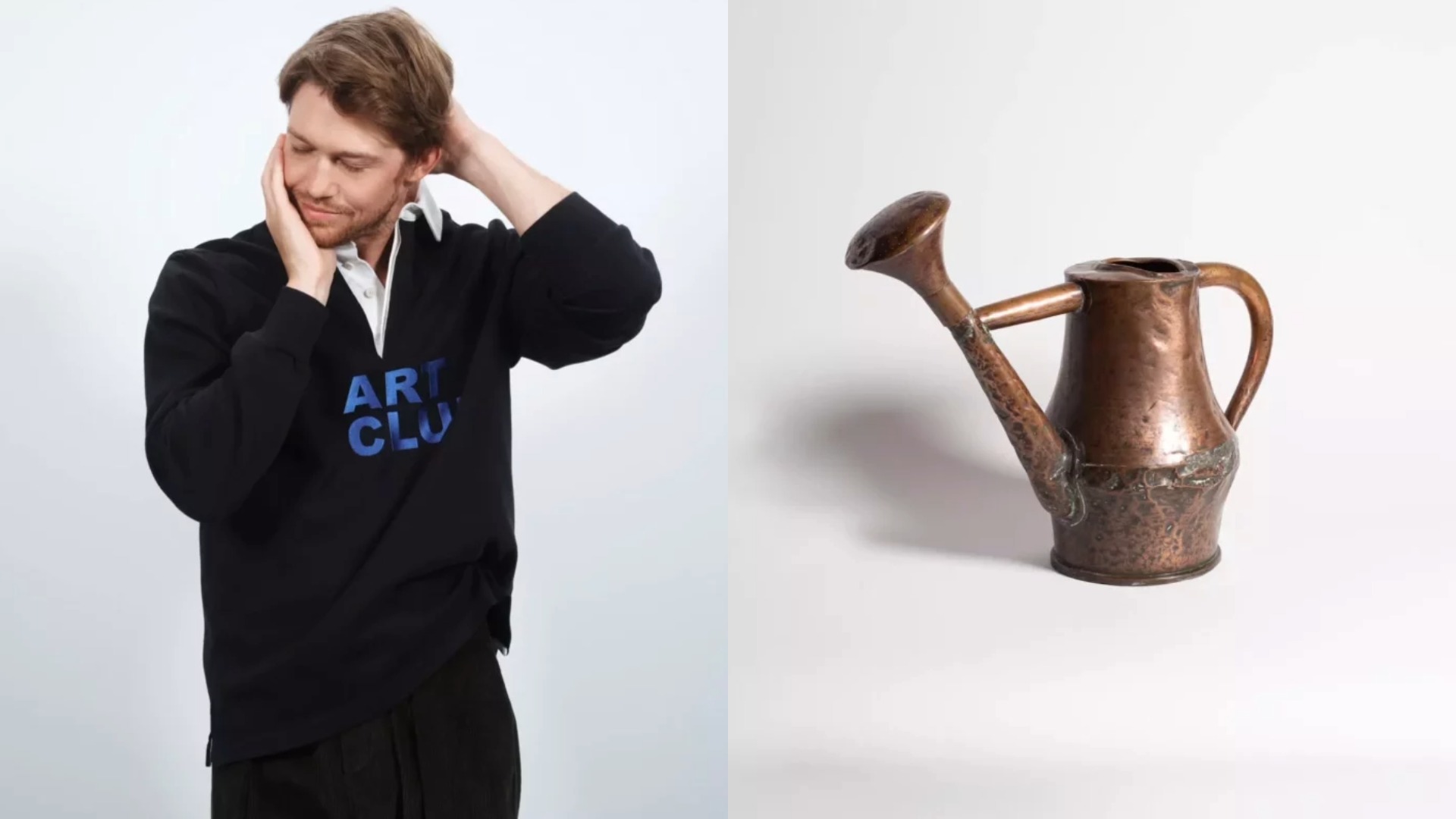 Composite of a man wearing a dark jumper and another shot of a brass coloured watering can