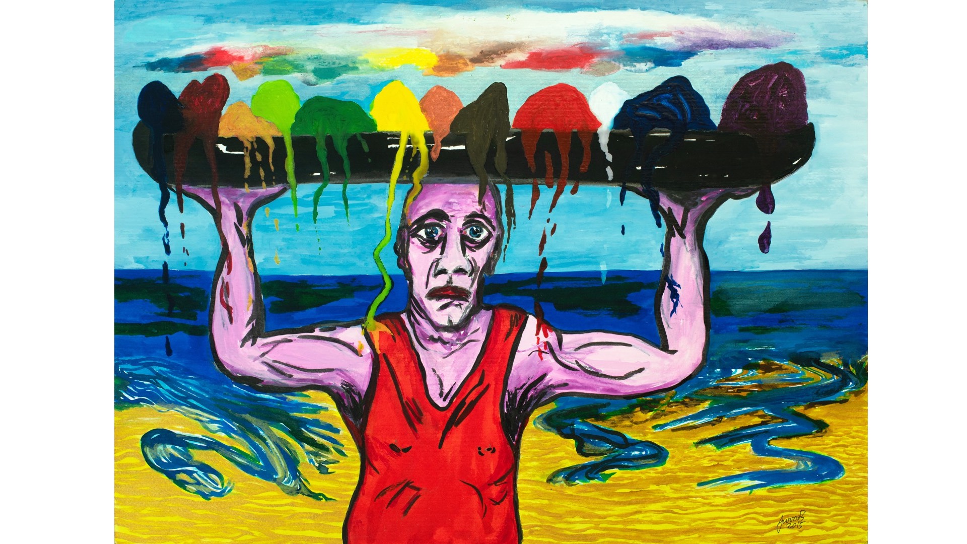 Weight of the World by Jon C Woods (Image: Jon C. Woods) - an artwork depicting a man lifting dumbbells on a beach