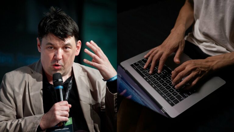 Graham Linehan on the left and someone typing on the right