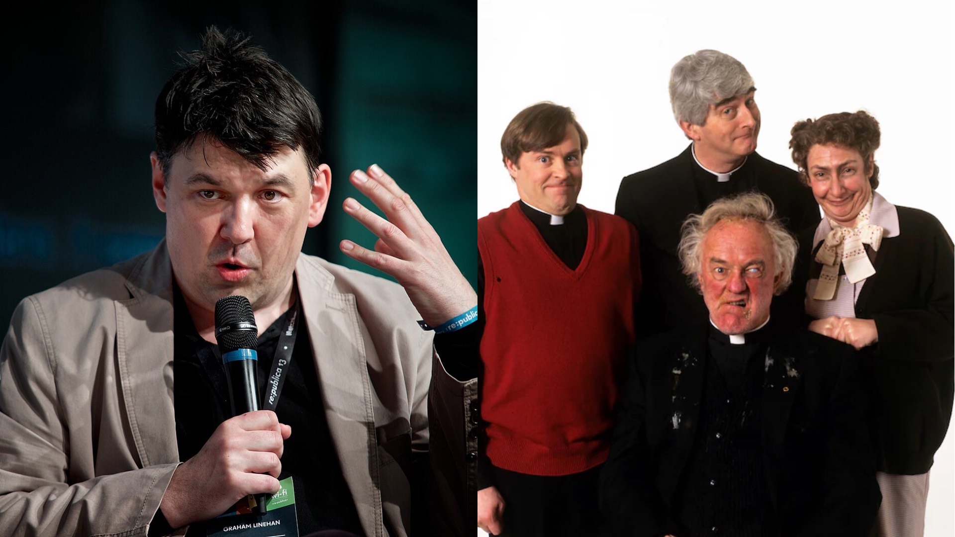 Graham Linehan speaking into a mic and cast of Father Ted