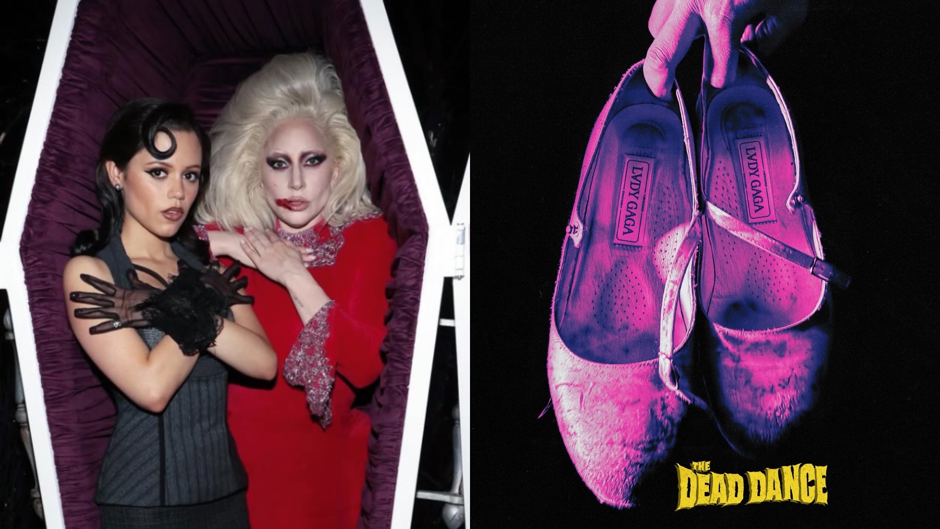 Lady Gaga and Jenna Ortega on the left in a coffin, on the right the 'Dead Dance' single cover art