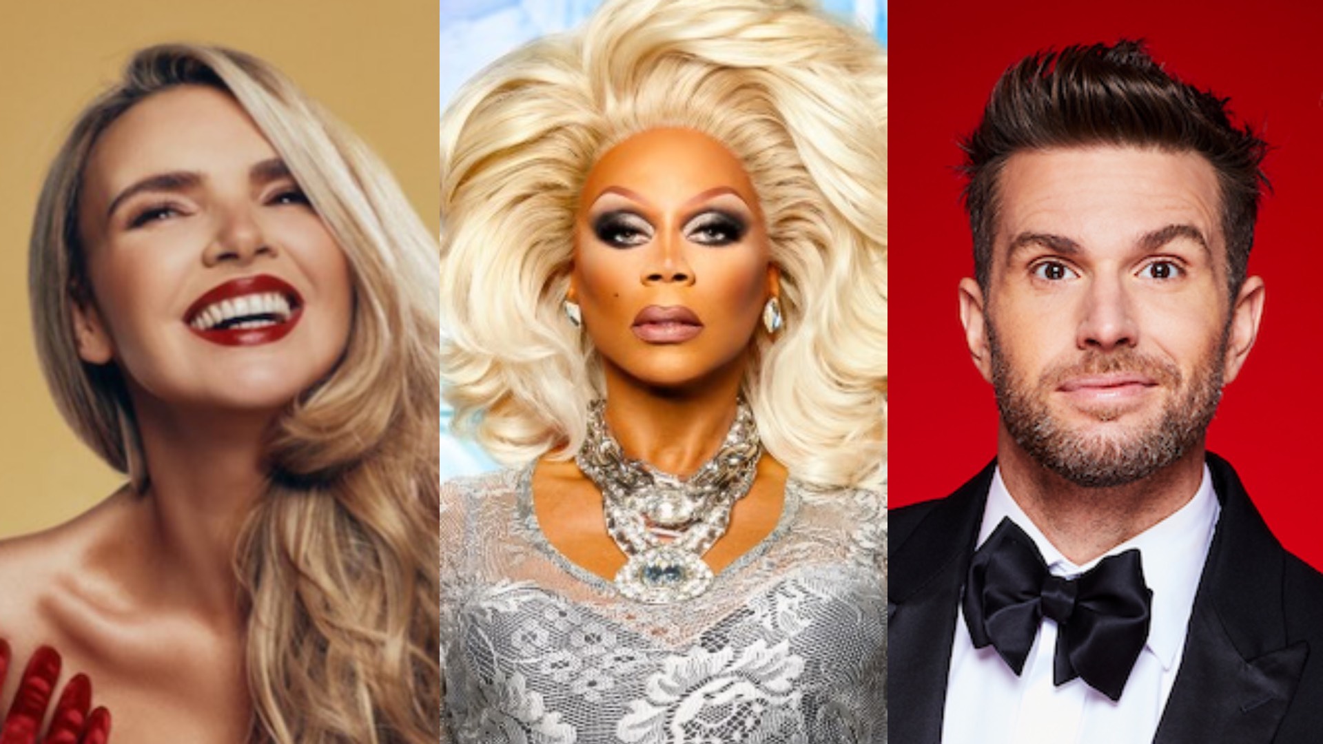Nadine Coyle wearing red lipstick smiling on the left, RuPaul in the centre looking fierce in blonde wig and silver dress and Joel Dommett in a suit on the right