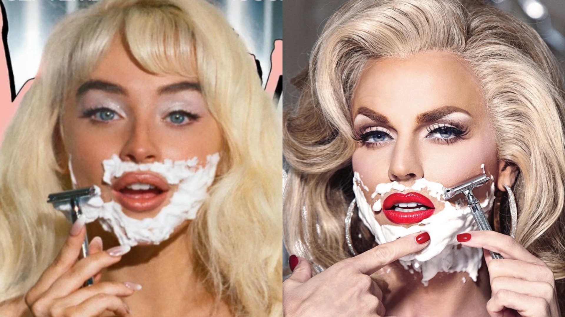 Sabrina Carpenter shaving on the left and Courtney Act wearing red lip stick shaving her face on the right