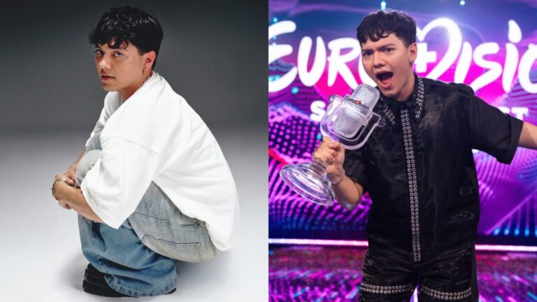 JJ in a white t-shirt crouching in grey trousers and JJ wining Eurovision