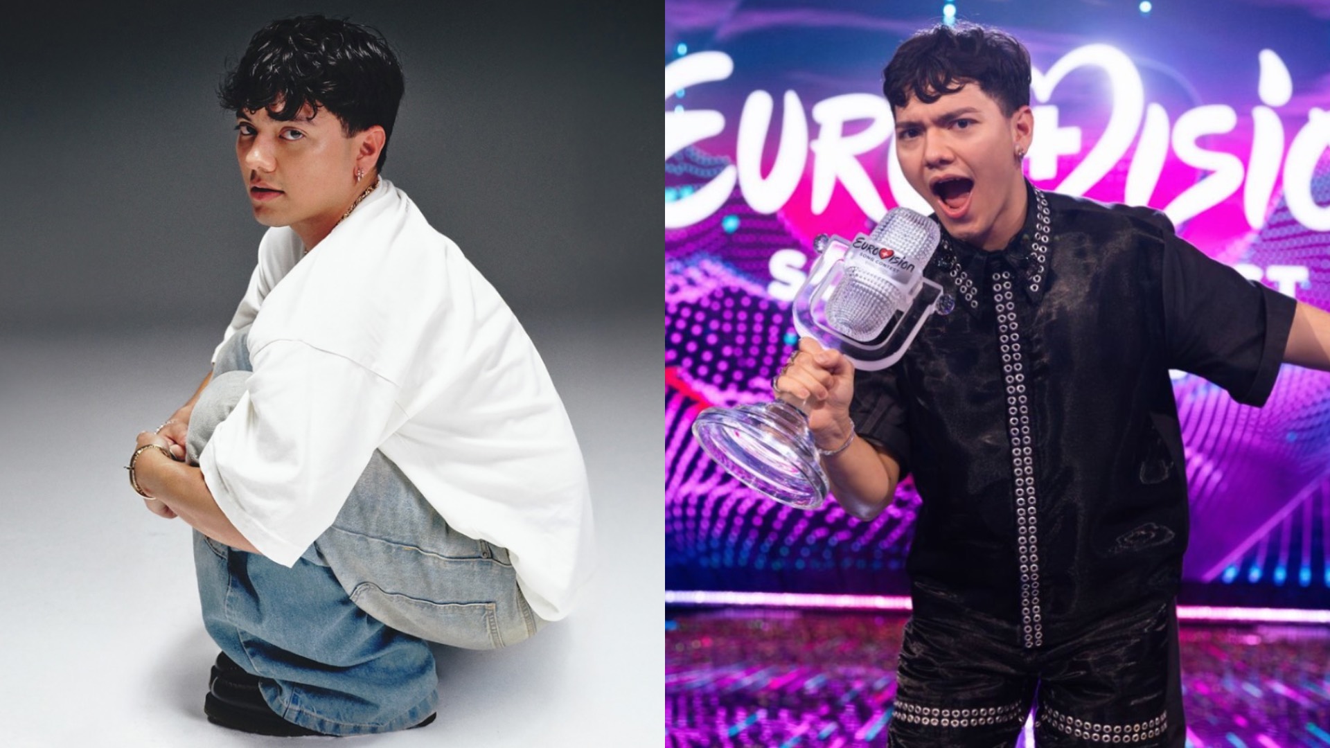 JJ in a white t-shirt crouching in grey trousers and JJ wining Eurovision