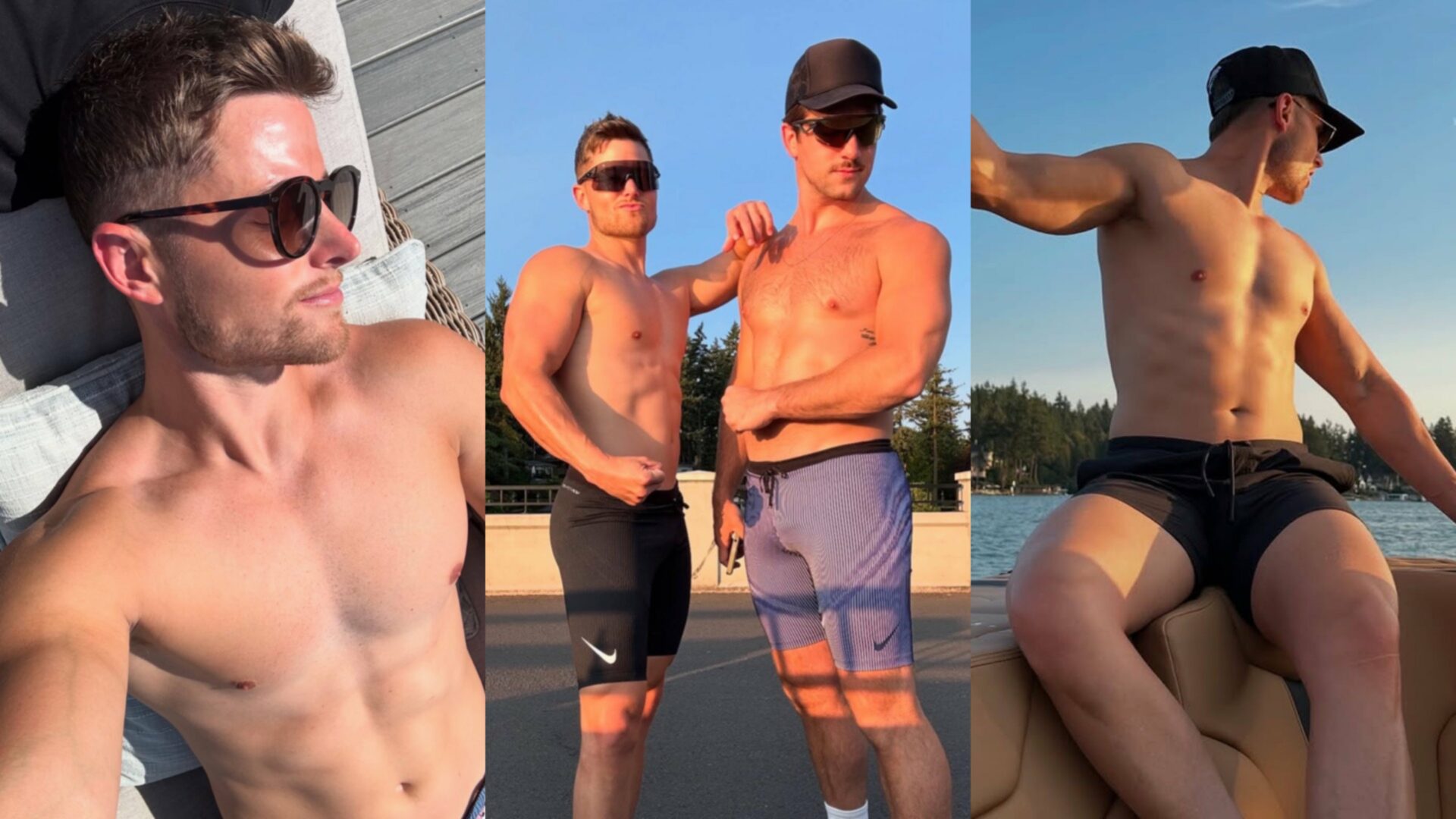 Sawyer Hemsley posing shirtless on the left and right and then posing shirtless with a male friend in the centre