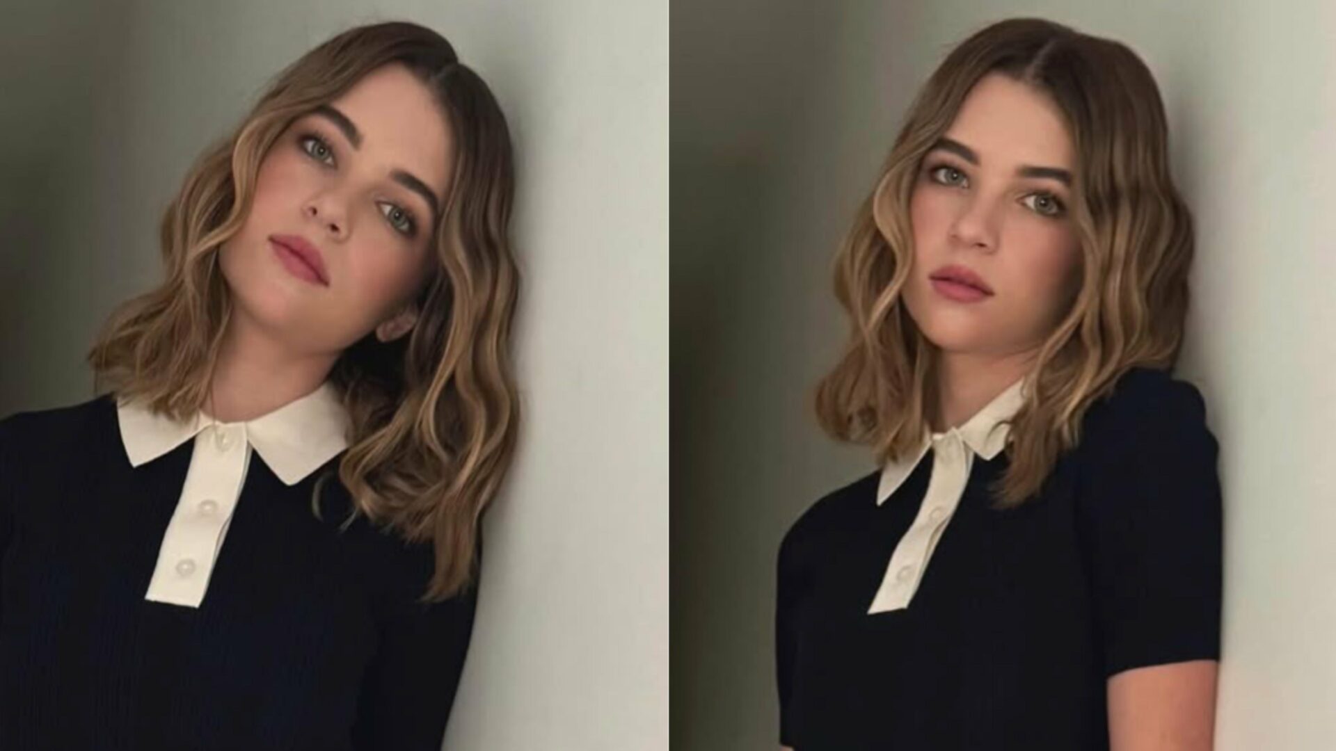 Raegan Revord wearing a black and white button up cardigan