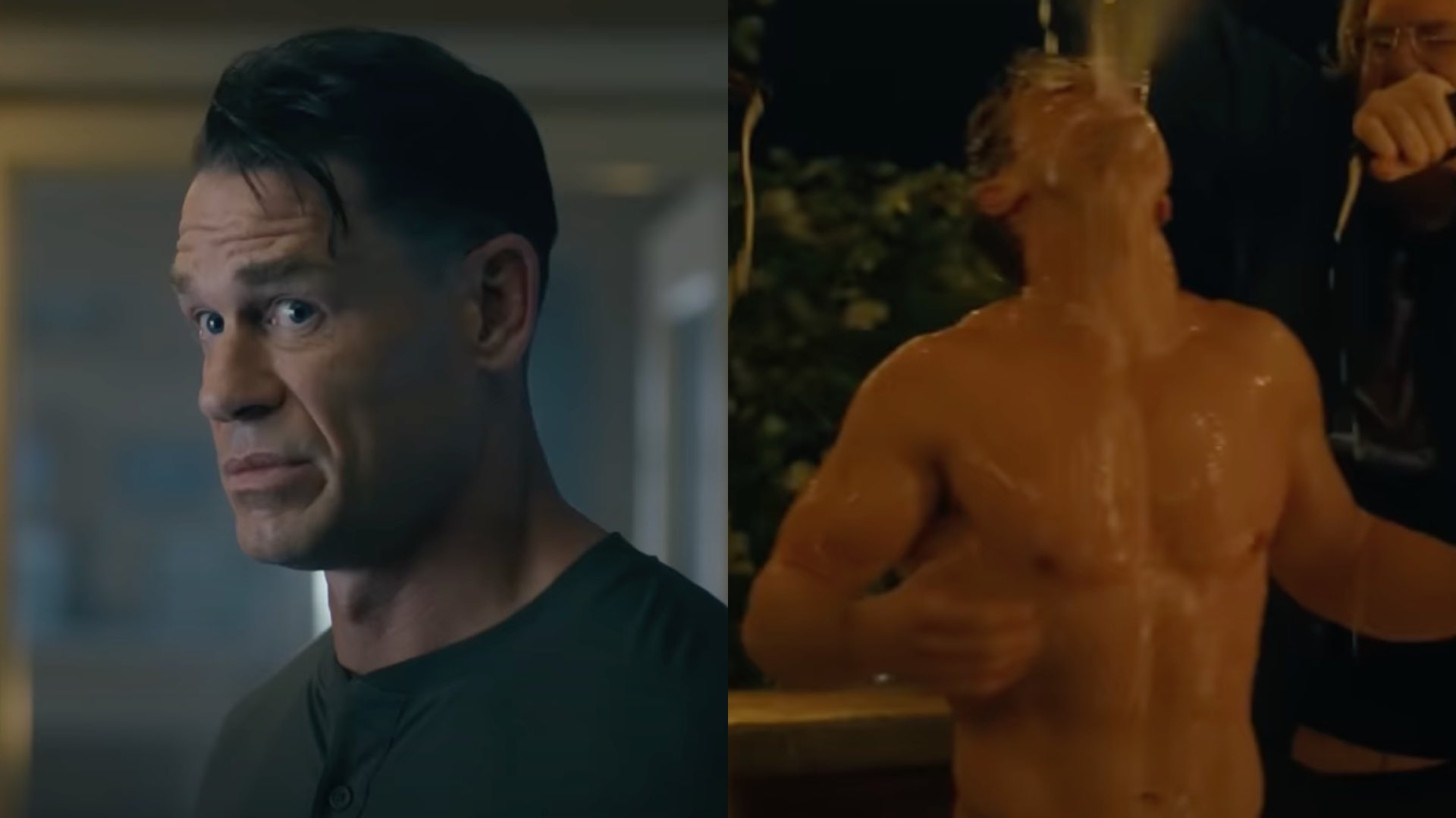 John Cena on the left and co-star Freddie Stroma on the right topless