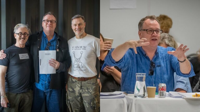 On the left Russell T Davies, Alan Cumming and David Morrissey holding scripts with Russell T Davies waving his hands around on the right
