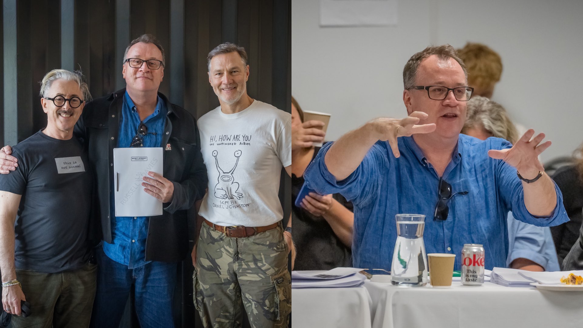 On the left Russell T Davies, Alan Cumming and David Morrissey holding scripts with Russell T Davies waving his hands around on the right