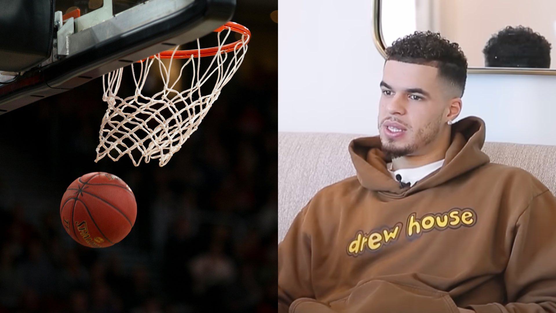 Michael Porter Jr on the right looking at a basket ball on the left