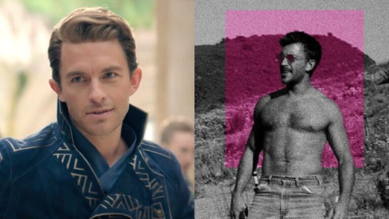 Jonathan Bailey as his Wicked character and Bailey topless on the right