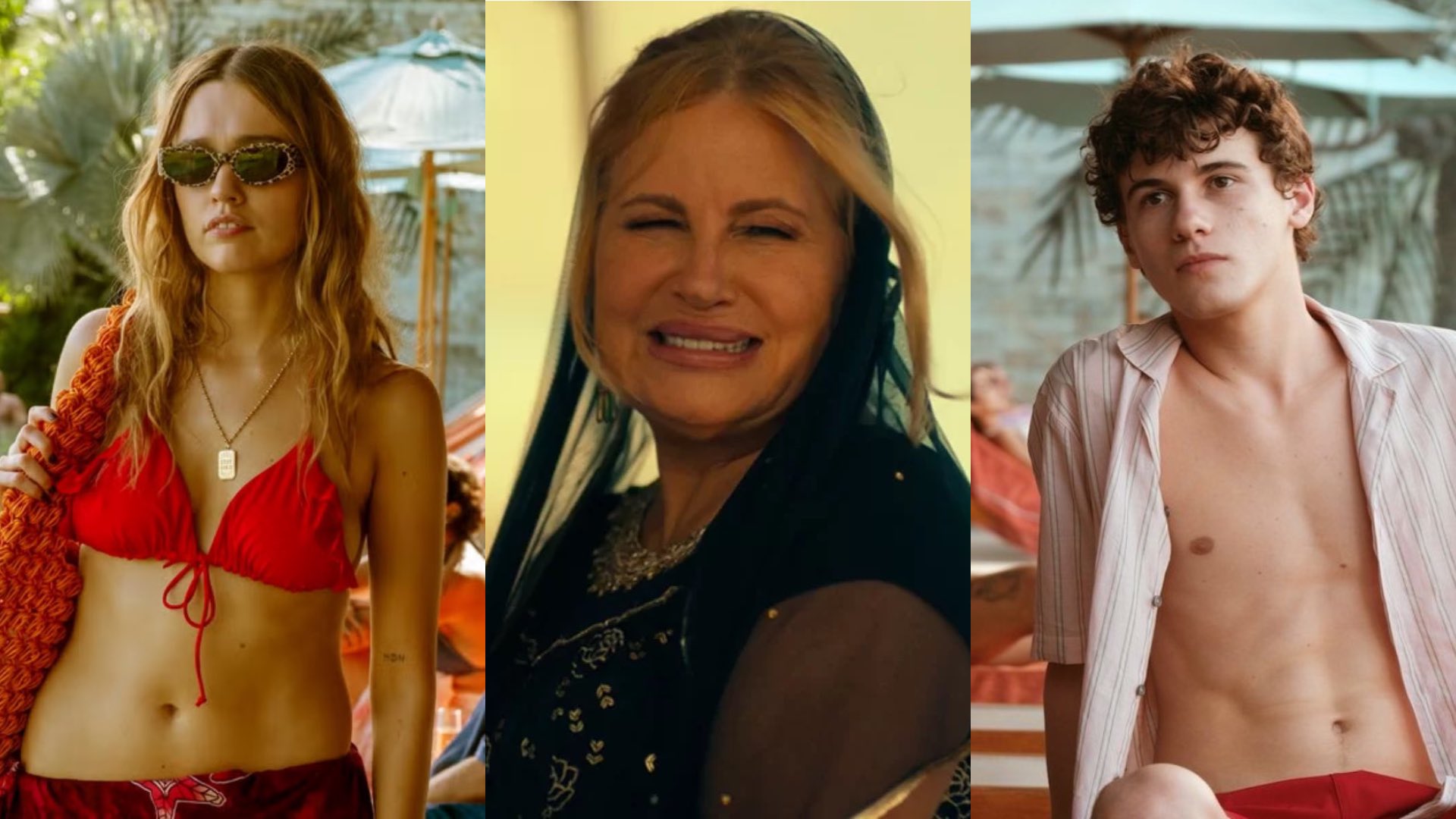 One the left Aimee Lou Wood; in a red bikini, in the middle Jennifer Coolidge wearing black and Sam Nivola shirtless on the right