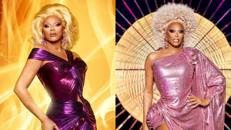 RuPaul dressed in purple on the left and in pink on the right