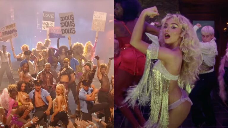 Sabrina Carpenter VMAs performance 2025 with drag queens holding up signs advocating for trans rights