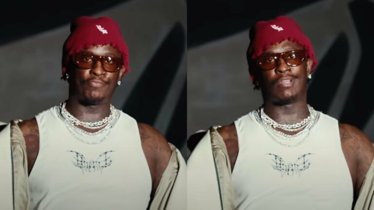 Young Thug wearing a red beanie and sunglasses
